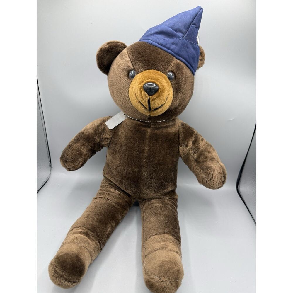 Vintage Teddy Bear Plush Brown Stuffed Animal Military Hat Dog Tag Style 18”
